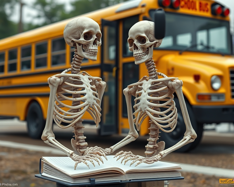 skeleton, notebook, school bus